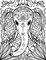 Elephant head with tropical leaves ornament adult coloring book page, vertical, back outline