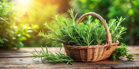 Wall Mural - Fresh green rosemary herb bunches in a rustic wooden basket with natural fibers and earthy tones, surrounded by lush greenery and sunlight filtering through , rustic, garden
