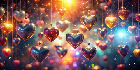 Wall Mural - Shiny hearts suspended in mid-air amidst a kaleidoscope of swirling abstract lights, evoking an ethereal sense of wonder and enchantment , luminous orbs, abstract lights