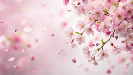 Wall Mural - Delicate pink sakura petals gently falling from a blooming cherry blossom tree against a soft white background, spring flowers, springtime