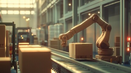 Poster - Industrial Robot Arm Efficiently Grabbing Cardboard Boxes in Warehouse