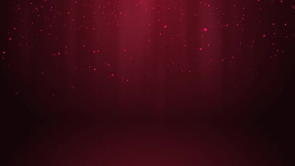 Poster - Red glowing circles particles falling in the air and light rays at the top left of a cyc wall background, horizontal composition. Loop animation footage for graphic design.