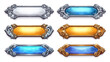 © Sehraye - Game silver and gold buttons with fantasy frames in medieval style. Vector cartoon set of empty banners, game ranking bars with decorative borders isolated on background