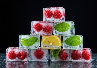 A background of various tropical fruits and ice cubes arranged. The ice cubes are transparent and blue in color and are scattered around the fruits and arranged in a pyramid shape.