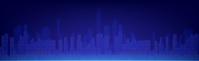 Poster - abstract tech city skyline composed of digital pixels and squares in deep blue gradient shades. metr