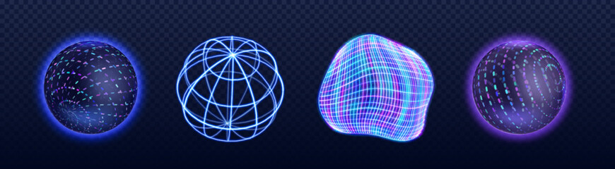 Poster - 3d neon tech sphere collection with glowing effects - futuristic dotted orb, geometric wireframe globe, distorted grid shape and luminous digital ball. elements for sci-fi and modern cyberpunk design.