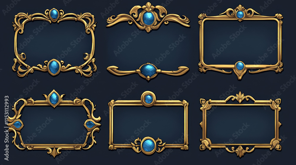 Empty square golden frames in medieval style for game ui design. Vector ...