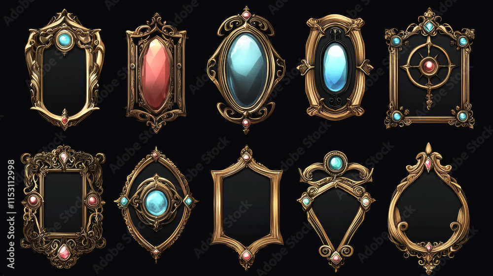 Empty square golden frames in medieval style for game ui design. Vector ...