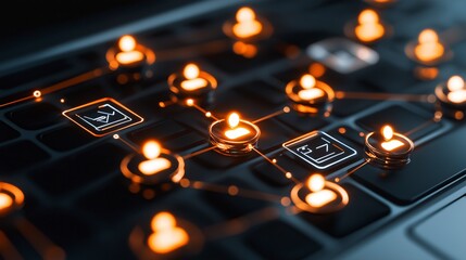 Poster - Innovative Digital Connections of Groups Forming Global Networks with Interactive Icons and Bright Elements on a Keyboard Concept of Collaboration and Technology