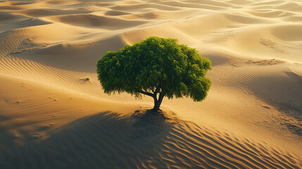 Green tree centered in a sandy desert landscape