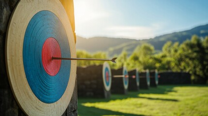 Aufkleber - A serene archery range set against picturesque scenery, Archery equipment meticulously aligned, Outdoor sporting style