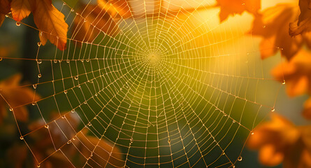 Golden Dew-Draped Spiderweb in an Autumn Forest Scene