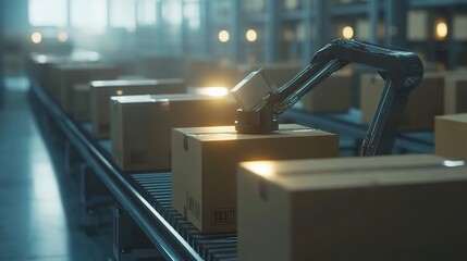 Poster - Industrial Robot Arm Efficiently Grabbing Cardboard Boxes in Warehouse