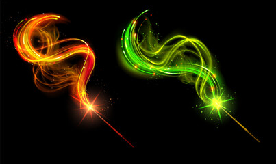 Poster - magic wands set isolated on black background. vector realistic illustration of neon orange, green li