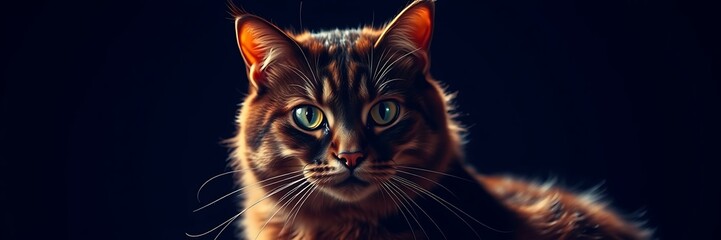  Elegant cat with deep blue and burgundy tones in stark lighting by strong shadows