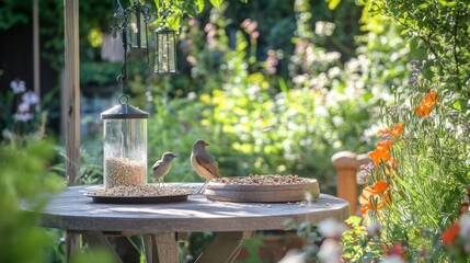 Aufkleber - A serene bird-feeding station with feeders and birdseed neatly arranged on a garden table, A tranquil garden with soft light and colorful flowers, Minimalist nature style
