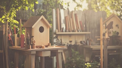 Poster - A serene bird-watching setup with binoculars and a field guide neatly placed on a park bench, A quiet park with tall trees and chirping birds, Minimalist nature style