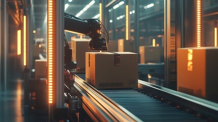 Poster - Industrial Robot Arm Efficiently Grabbing Cardboard Boxes in Factory