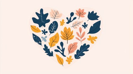 Canvas Print - illustration heart filled with nature elements like leaves, butterflies, and blossoms on a gentle pink canvas 