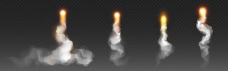 Wall Mural - rocket launch smoke and fire trails set isolated on transparent background. vector realistic illustr