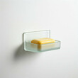 © Shavy - minimalist glass soap dish on white wall with a bar of yellow soap in the dish  for bathroom decor