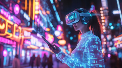 Poster - Holographic character of woman with phone and cute robot float above neon glowing metaverse city. Tech urban landscape with illuminated sign on futuristic buildings. Virtual reality gaming interfaces.