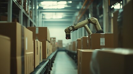 Poster - Industrial Robot Arm Efficiently Grabbing Cardboard Boxes in Warehouse