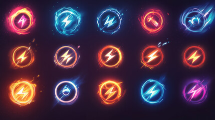 Poster - Set of lightnings game fill progress score or level elements, full and empty flash bolts, user Ui or gui status icons of health, energy and resource for pc or mobile app, Cartoon vector illustration