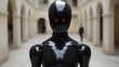 © Ziko - Black humanoid robot with red eyes stands in an ancient building.
