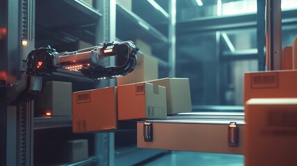 Poster - Industrial Robot Arm Efficiently Grabbing Cardboard Boxes in Warehouse