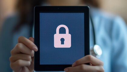 Poster - A person holds a tablet displaying a padlock symbol, emphasizing security and privacy in a digital context.