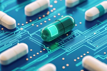 Poster - A futuristic pill sits on a circuit board, symbolizing the intersection of technology and medicine.