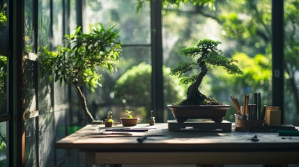 Poster - A serene bonsai pruning setup in a peaceful greenhouse, Bonsai tools and miniature trees neatly placed on a table, Minimalist botanical style