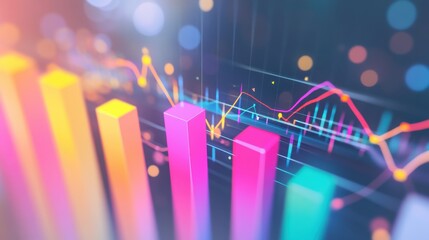Poster - Colorful data visualization in shades of pink, blue, and orange highlighting bar and line graphs.