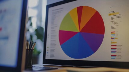 Poster - Close-up of a colorful pie chart displayed on a computer screen in a modern workspace setting.