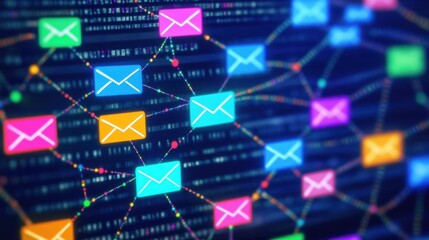 Poster - Vibrant digital illustration of interconnected email icons symbolizing communication and networking.