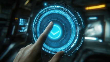 Poster - Close-up of a futuristic hand interacting with a glowing holographic interface in a high-tech environment.
