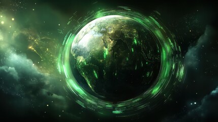 Poster - A glowing green digital representation of Earth, surrounded by cosmic elements and high-tech patterns.