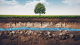 Cross-Sectional View of the Ground Layers, Lush Green Grass with Solitary Tree, Dark Soil, Sandy Soil, Rocky and Clayey Layers, Blue Water Layer, Detailed Geological Composition 