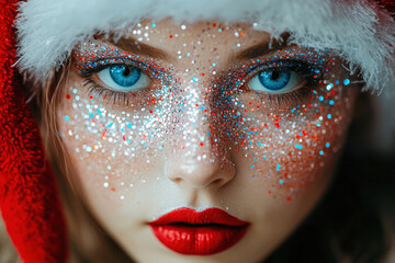 Close-Up Portrait of a Young Woman with Glittery Makeup, Bright Blue Eyes, and Festive Christmas Hat in a Vibrant Holiday Setting