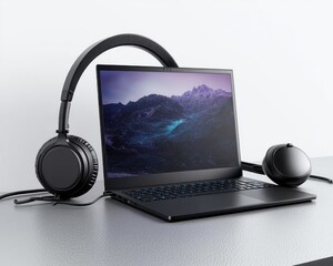 Poster - A sleek black laptop with headphones and a wireless mouse, set against a minimalist backdrop, exuding a modern tech vibe.