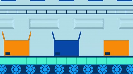 Poster - Conveyor belt boxes packing automation cartoon animation. Logistics cardboard box sealing process automatic 4K video 2D motion graphic. Assembly operation animated backdrop on manufacturing background