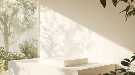 Wall Mural - White minimalist product display platform with sunlit shadows and greenery.