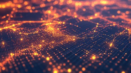 Poster - Abstract digital network background with glowing orange lights and interconnected grid patterns.
