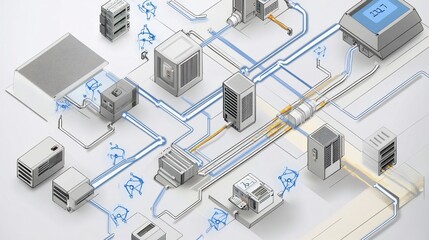 Poster - An intricate diagram showcasing a network of interconnected machines and server systems in a technical design.