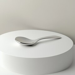 Poster - A sleek, reflective silver spoon rests elegantly on a minimalist white pedestal, highlighting its design.