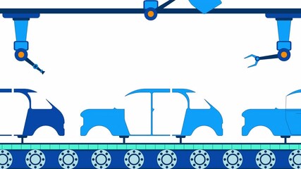 Poster - Automotive assembly line cartoon animation. Auto factory 4K video motion graphic. Robotics in automobile industry. Car production robotic arms animated 2D scene isolated on white background
