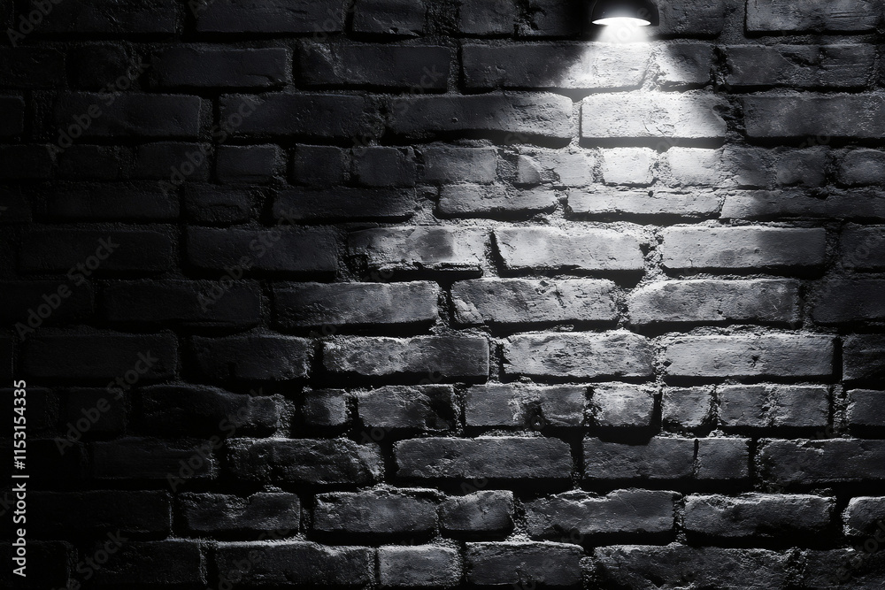 Black brick wall illuminated by spotlight creating dramatic light and ...
