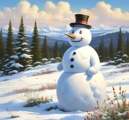 Illustration of snowman with winter landscape.