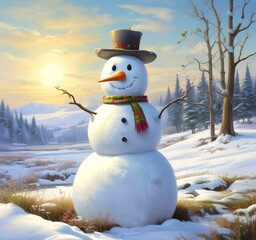 Illustration of snowman with winter landscape.